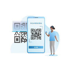 Vector woman with smartphone camera scans QR code in online application,program, website on Internet.Banking services of payment through identification, informational picture. Code on screen in phone.