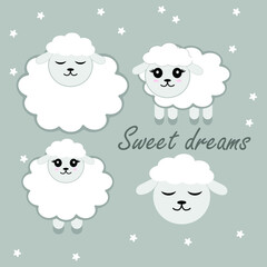 Flat Design Lamb Sheep Icons Set. Vector illustration of Cute cartoon funny smiling child character. Sweet Dreams.