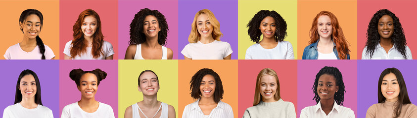 Set of multiethnic happy young women portraits