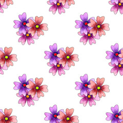 Seamless pattern with watercolor simple flowers.Cute and feminine spring-summer print on white background.