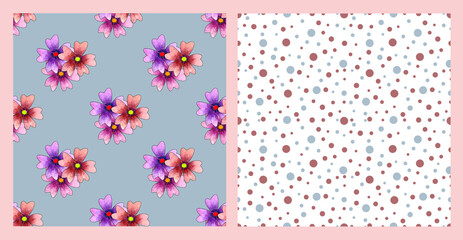 Set with simple flowers and polka dot seamless patterns.Cute and romantic backgrounds.