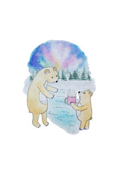 Watercolor illustration with bear and northern lights.