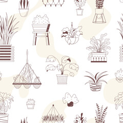 Vector seamless pattern with house potted plants. Linear fabric print, wrapping paper, textile, texture. Line art design of home plants. Palm tree, hanging flower, aloe, monstera. Urban garden