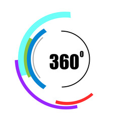 360 degrees icon isolated on white background. 360 degrees logotype design concept with colorful lines. Angle 360 rotate icon