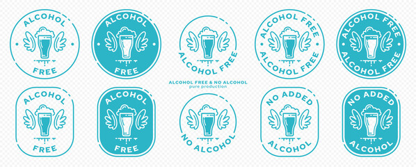 Сonceptual stamps for packaging products. Labeling - alcohol free. Stamp with a flat icon of a glass with wings - a symbol of the liberated, free. The product is free of absorbable ingredient. Vector 