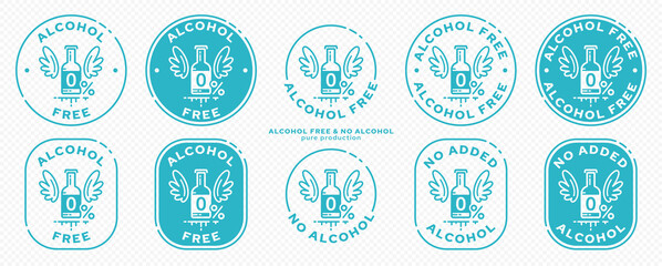 Conceptual stamps for packaging products. Labeling - alcohol free. Stamp with a flat icon of a bottle with wings - a symbol of the liberated, free. The product is free of absorbable ingredient-Vector 