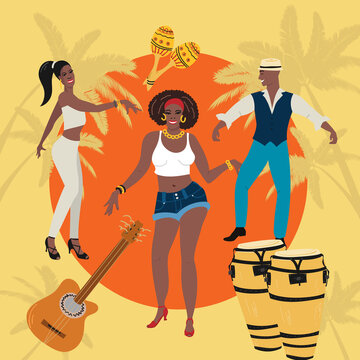 Man, woman at the party dancing hold latin dance, salsa, cha-cha, rimba, mambo. Tropical background, t-shirt, poster, party invitation concept.