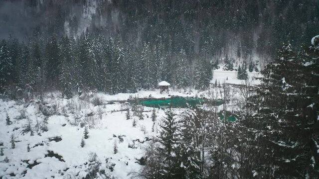 Wide aerial view of snowy winter lake Zelenci at Kranjska gora, Slovenia