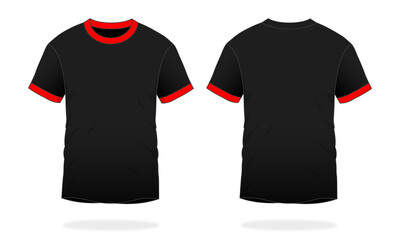 Black Short Sleeve T-Shirt with Red Collar-Cuff with Contrast Color Design on White Background. Front and Back View, Vector File.