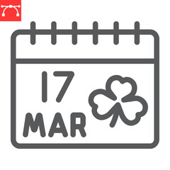 St. Patricks day calendar line icon, St. Patricks day date and holiday, calendar with clover vector icon, vector graphics, editable stroke outline sign, eps 10.