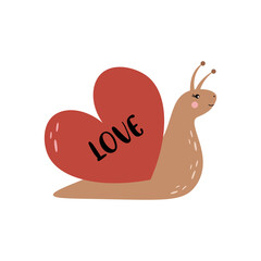 Cartoon vector illustration of a cute snail. Valentine's day. Baby valentine. Love. Heart. Baby animals. Isolated on white background. 