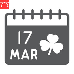 St. Patricks day calendar glyph icon, St. Patricks day date and holiday, calendar with clover vector icon, vector graphics, editable stroke solid sign, eps 10.