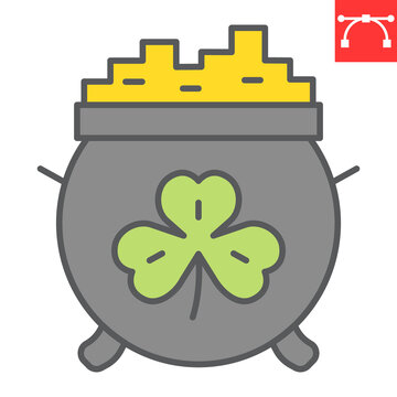 Cauldron with coins color line icon, St. Patricks day and holiday, pot with gold vector icon, vector graphics, editable stroke filled outline sign, eps 10.