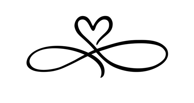 Love hand drawn heart sign of infinity with cute sketch line. Divider doodle love shape isolated on white background for valentines day, wedding, mother's day or woman's day. Vector illustration