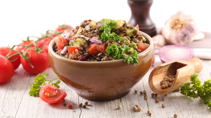 lentils salad with tomato, onion and avocado