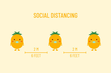 Social distancing 6 feet concept. Keeping social distance to prevent the spread of disease. Wearing a mask to prevent the spread of the disease. Pineapple icon.