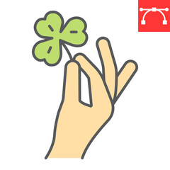 Hand holding clover color line icon, St. Patricks day and holiday, hand hold lucky clover vector icon, vector graphics, editable stroke filled outline sign, eps 10.