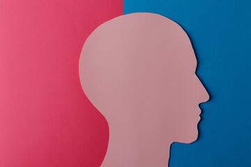 Head silhouette made of paper. Pink paper shaped as a human head with copy space on pink and blue paper background.