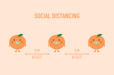 Social distancing 6 feet concept. Keeping social distance to prevent the spread of disease. Wearing a mask to prevent the spread of the disease. Orange icon.