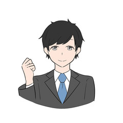 グレーのスーツを着たビジネスマン　ガッツポーズ