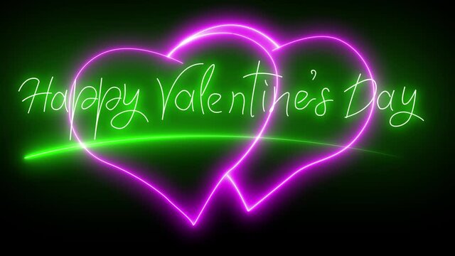 Valentine's Day. Animation. Animated green neon letters and hearts on a black background. Neon heart. Cycle without interruption. The 14th of February.