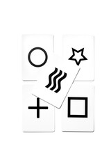 Composici&oacute;n de las 5 cartas Zener de mentalismo y psicolog&iacute;a. Cuadrado, c&iacute;culo, cruz, olas y estrella