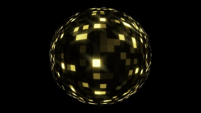 Animation of golden glowing disco ball spinning with golden geometric shapes on black background. Colour and movement concept digitally generated image. Alpha channel included. Seamless 4K loop