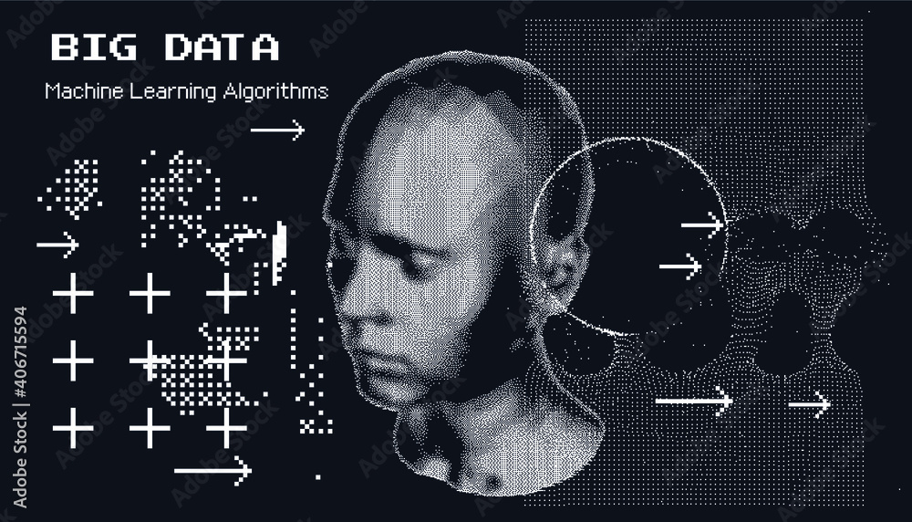 Poster Abstract technology background with 3d face mask made of particles. Conceptual illustration of Artificial intelligence.