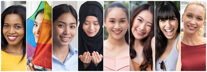 Collage of diverse and inclusive women from around the world, concept of international women’s day, world women with diversity and inclusivity, ethnicity and religion tolerance, women’s right