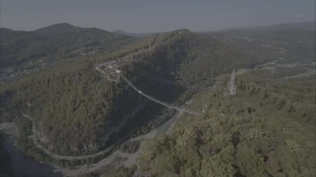 Sochi, Russia. Drone flies in Sochi Skypark and removes the bridge