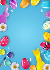 Fototapeta na wymiar Easter poster template with 3d realistic Easter eggs. Template for advertising, poster, flyer, greeting card. Vector Illustration EPS10