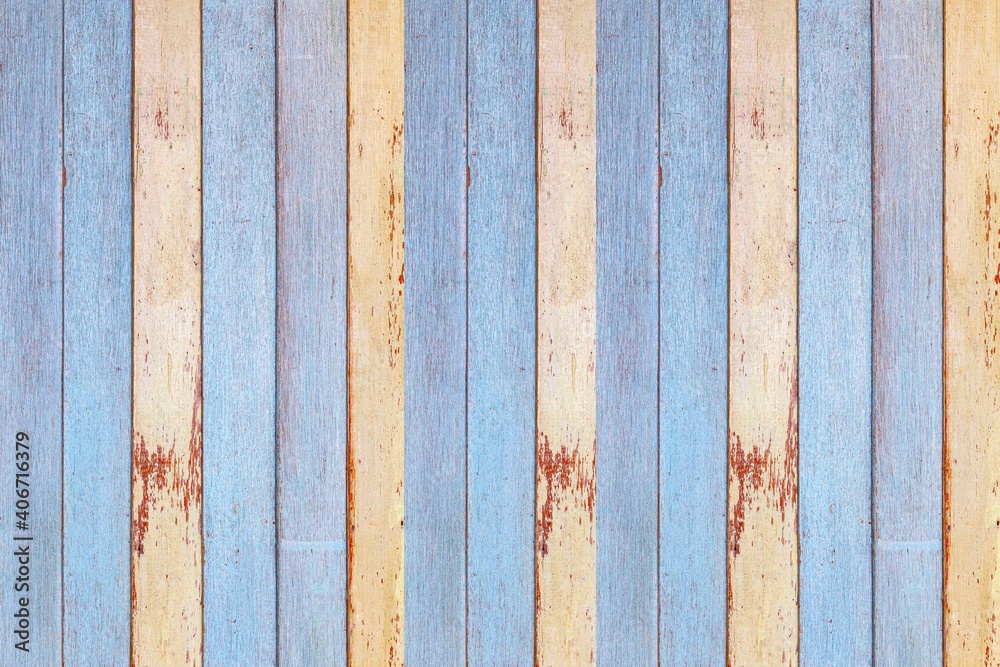 Wall mural Old wooden wall in light blue and yellow vintage style texture and background