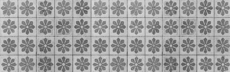 Panorama of Flower pattern black and white ceramic floor tile pattern and seamless background