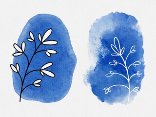 Blue Drawing Watercolor Spring Wedding Template Abstract Lineart Flowers Illustration