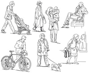 Crowd of People in the City Line Art Vector Drawings