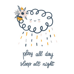 Modern stylich kids poster in scandinavian style. Cute scandi card with cloud, cute elements and lettering text. Vector hand drawn doodles. Children, baby nursery desigsn and print.