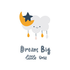 Modern stylich kids poster in scandinavian style. Cute scandi card with cloud, cute elements and lettering text. Vector hand drawn doodles. Children, baby nursery desigsn and print. - 406717349
