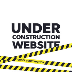 Website under construction page. Warning tape banner