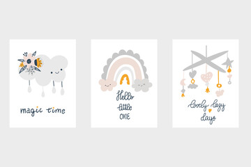 Modern stylich kids posters set in scandinavian style. Cute scandi card with cloud, rainbow, mobile and lettering text. Vector hand drawn doodles. Children, baby nursery desigsn and print