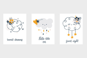 Modern stylich kids poster in scandinavian style. Cute scandi card with cloud, cute elements and lettering text. Vector hand drawn doodles. Children, baby nursery desigsn and print.