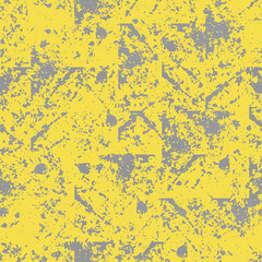 Grunge block print style geometric texture. Seamless vector pattern background with paint spatter. Yellow grey organic textural backdrop repeat. Scattered irregular shapes, faded distressed effect.