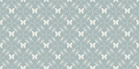 Background pattern in retro style ornament with butterflies. Seamless wallpaper texture
