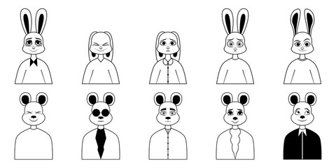 Modern animal character. Set of ten black and white portraits of rabbit and bear with different details. Cartoon. Vector illustration design for your project and business.
