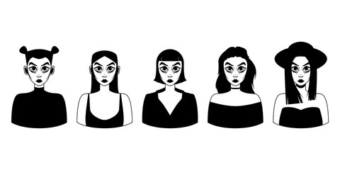 Beautiful female character. Set of ten black and white portraits with different hair and details. Cartoon. Vector illustration design for your project and business.