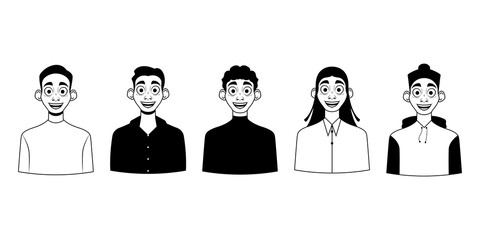 Cute male character. Set of ten black and white portraits with different hair and details. Cartoon. Vector illustration design for your project and business.