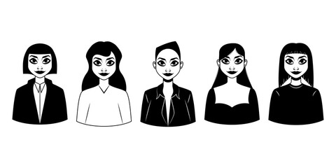 Beautiful female character. Set of ten black and white portraits with different hair and details. Cartoon. Vector illustration design for your project and business.