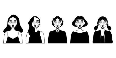 Beautiful female character. Set of ten black and white portraits with different hair and details. Cartoon. Vector illustration design for your project and business.