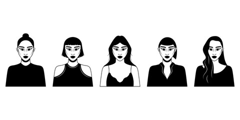 Beautiful female character. Set of ten black and white portraits with different hair and details. Cartoon. Vector illustration design for your project and business.