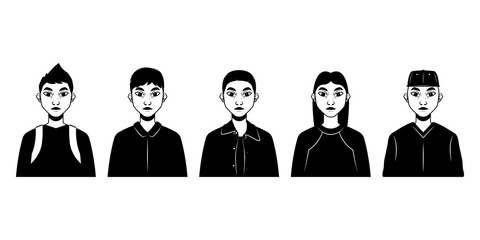 Cute male character. Set of ten black and white portraits with different hair and details. Cartoon. Vector illustration design for your project and business.