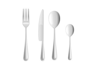 Fork spoons and knife stainless steel kitchen cutlery set for restaurants cafes vector illustration on white background realism style